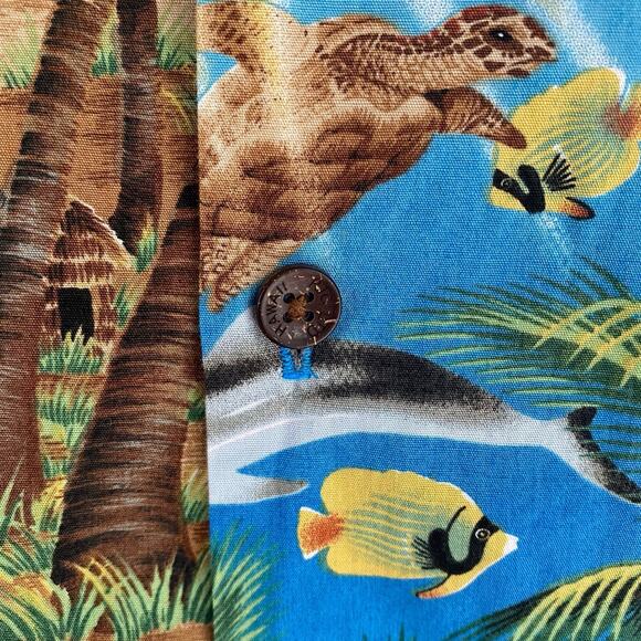Vintage RJC Hawaiian Camp Shirt Men's Large Blue Palm Fish Turtle Made in Hawaii - Picture 3 of 7